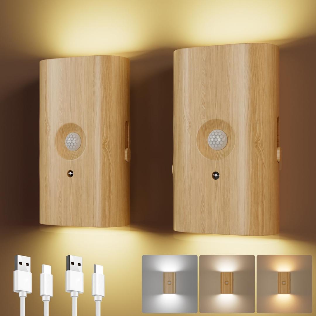 Wood Grain Night Light with Motion Sensor, Magnetic Attachment, Wireless, 3600 mAh Type-C Rechargeable Battery, 3 Colors, 10-100LM Dimmable, for Hallways, Living Rooms, Stairs, 2-Pack