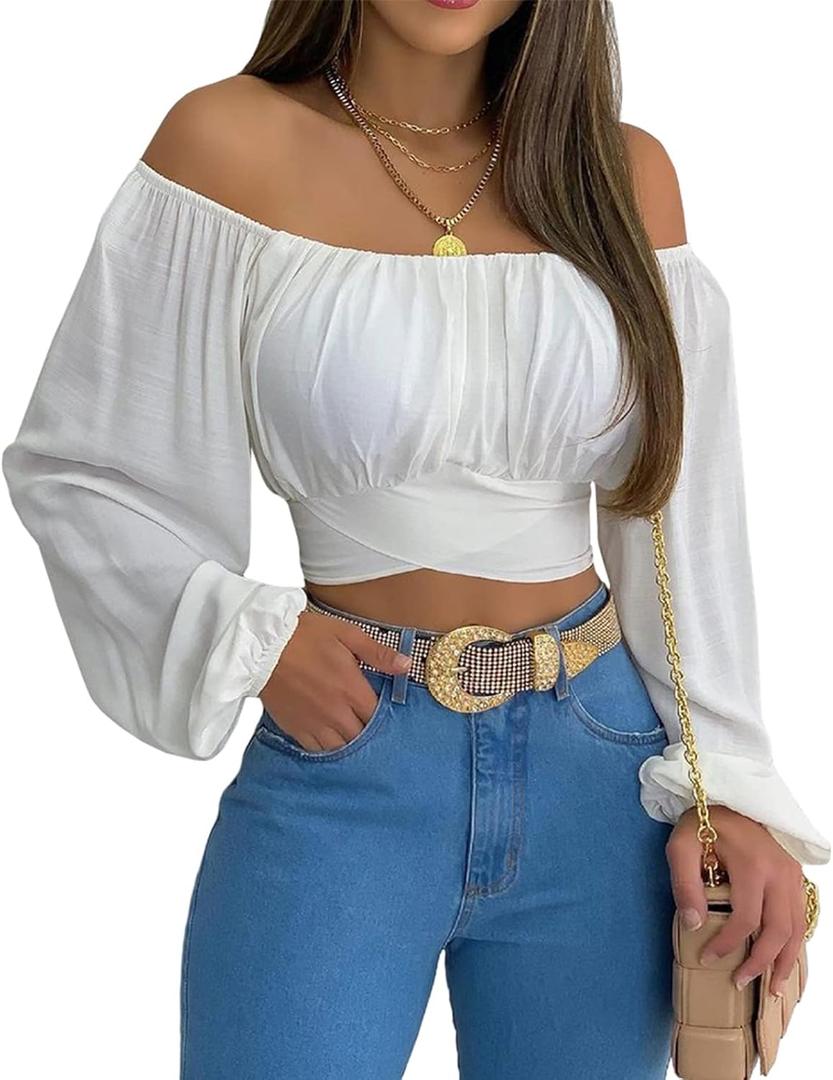MIRACMODA Woman Off Shoulder Ruched Tie Back Crop Top Summer Lantern Sleeve Boho Shirt Blouse (Medium)