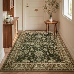 Area Rugs for Living Room, 4x6 Washable Rugs for Bedroom, Non-Slip Retro Floral Carpet for Entryway Office Dorm Kitchen Dining Room, Brownish Green