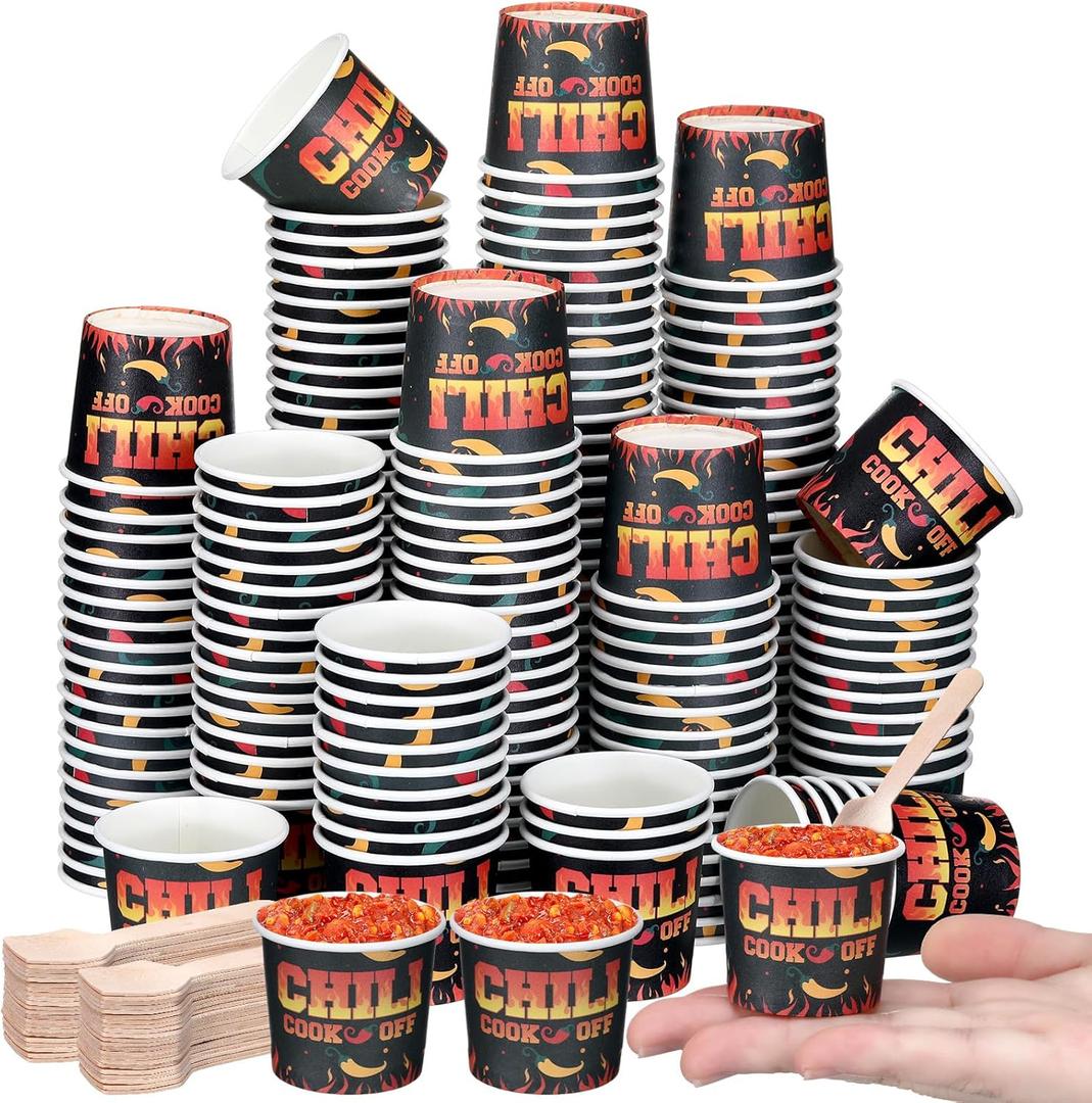 Teenyyou 400 Pcs Chili Cook off Party Decorations, 200 Pcs 2 oz Mini Chili Cookoff Paper Cups and 200 Wooden Spoons Pepper Cook off Parties Decorations for Competition Prize Party Cooking Supplies (Black)