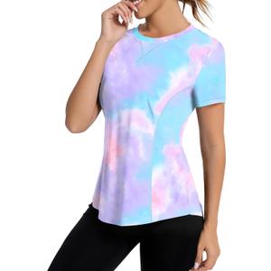 AVOOGUE Women's Short Sleeve Workout Tops Quick Dry Athletic UPF50+ Sun Protection Shirts Gym Hiking Running Yoga Clothes (Blue, XL)