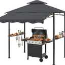 CHARMELEON 8x8 FT Grill Gazebo, Grill Canopy with Big Awning&2 Side Shelves&6 Hooks&Bottle Opener, Powder-Coated Steel BBQ Shelter for Patio Backyard Outdoor Grilling-Dark Gray