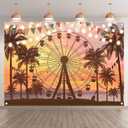ZTHMOE Fabric 7x5ft Summer Seaside Ferris Wheel Photography Backdrop Sunset Palm Tree Beach Hawaiian Background Indoor Festival Party Decoration Holiday Photo Banner Booth