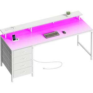 Huuger 63 Inch Computer Desk with Power Outlets and LED Lights, Gaming Desk with 4 Drawers, Office Desk with Monitor Stand, Study Work Desk for Home Office, White