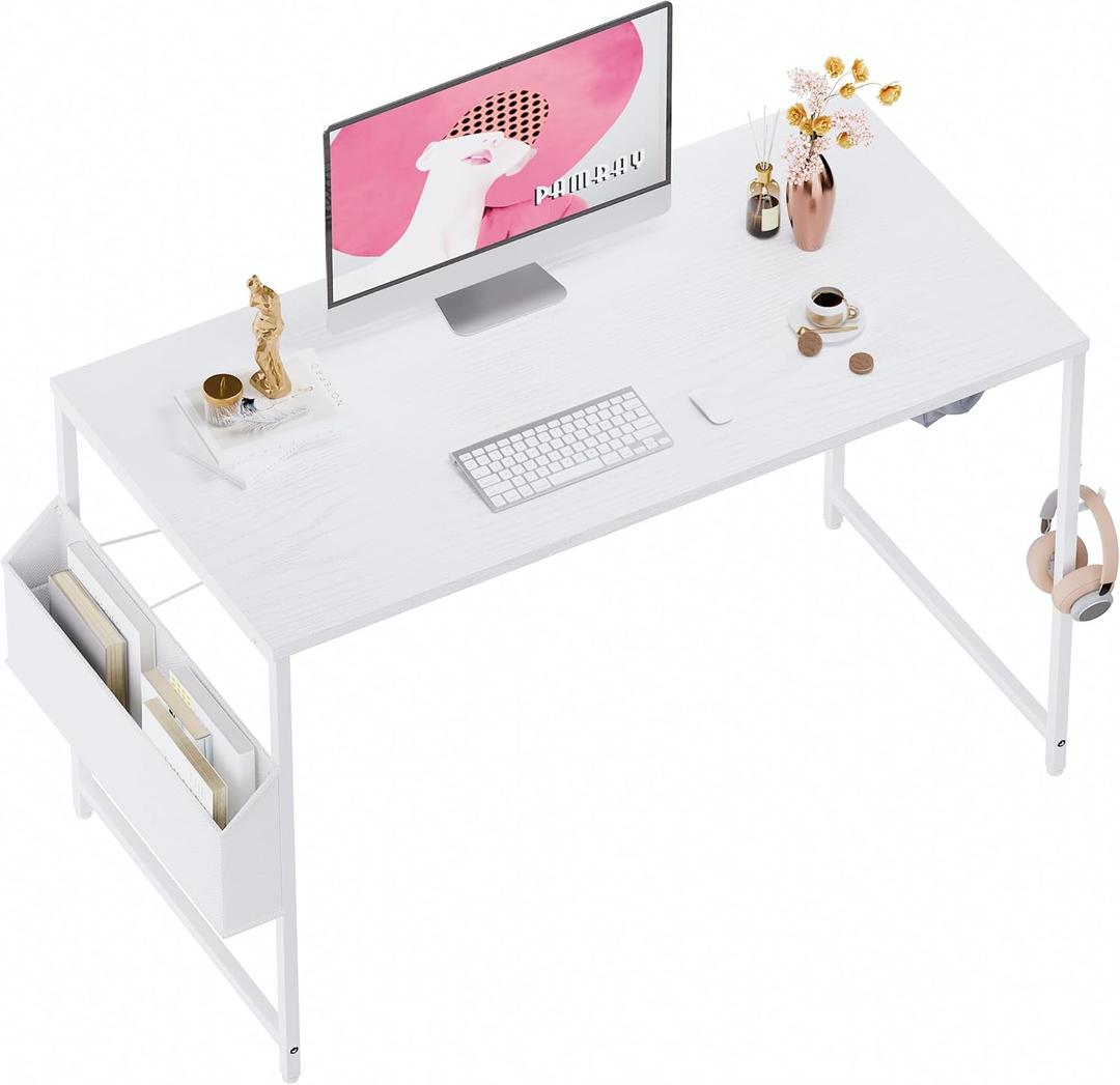 Pamray 47 Inch Computer Desk for Small Spaces with Storage Bag, Home Office Work Desk with Headphone Hook, Small Office Desk Study Writing Table (White)