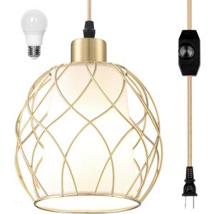 Plug-in Pendant Light, Hanging Lamp with Linen Shade, 15ft Golden Cotton Cord, Plug-in Light Fixture for Bedroom (Bulb Included)