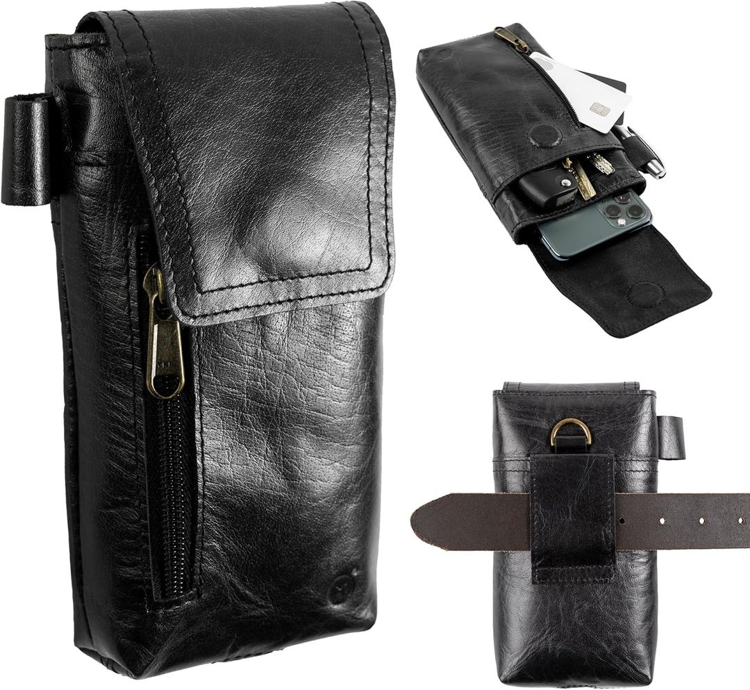Moonster Leather Phone Holster  Genuine Full-Grain Buffalo Leather Pouch 7H x 3.5" W Leather Cell Phone Holster for Large Smartphones  Moonster Handmade Leather Secure Phone Belt Holder (Black)