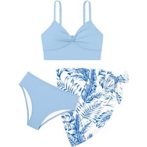 MIGU Girls Swimsuit Bathing Suit Solid Color Twist Cross Tropical Floral 3 Piece Girls' Swimwear Bikini with Cover Up 9-16T (13-14 Years, Blue)