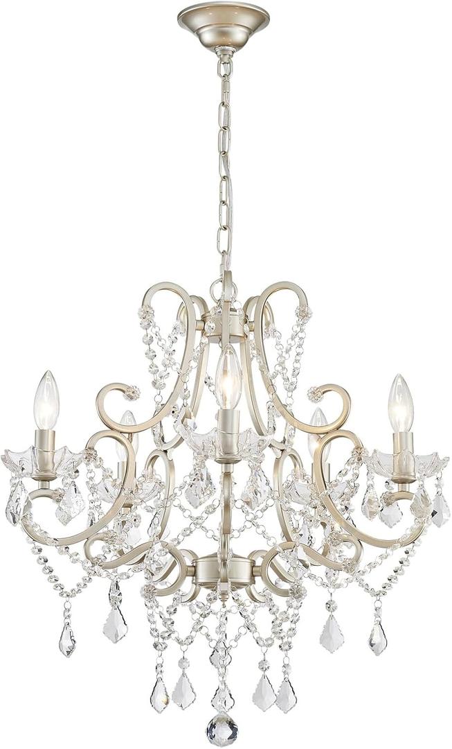 Crystal Chandelier, 5-Light Modern Chandelier for Dining Room Light Fixture, Nickel Finish Pendant Ceiling Light Fixture, Modern Candle Chandelier for Living Room Kitchen Island Entryway Bedroom, 27" High 22.7" Wide