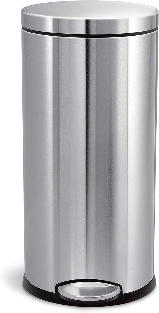 simplehuman Round Step Can, 30L / 8 Gallon Kitchen Trash Can, Iconic Round Shape, 150,000-Step Pedal, Lid Shox Silent Close, Removable Inner Bucket, Brushed Stainless Steel