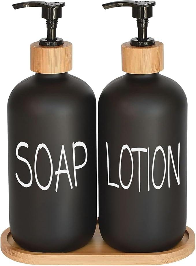 Black Soap Dispenser Bathroom Set, Set with Glass Dispenser, Bamboo Pumps & Tray. Hand and Lotion Suitable for Farmhouse Dec