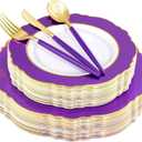 WDF 30Guest Purple Plastic Plates with Gold Rim & Disposable Gold Plastic Silverware With Purple Handle - Baroque Party Plates Mardi Gras Plate for Birthday Parties/Wedding