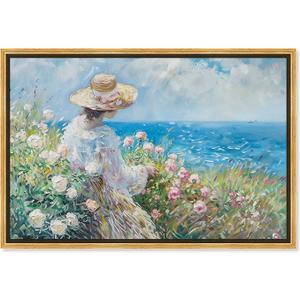 Gentle Sea Framed Impressionism 1 Piece Canvas Wall Art/Monet And Van Gogh Inspired Art, 17" x 25", White Frame