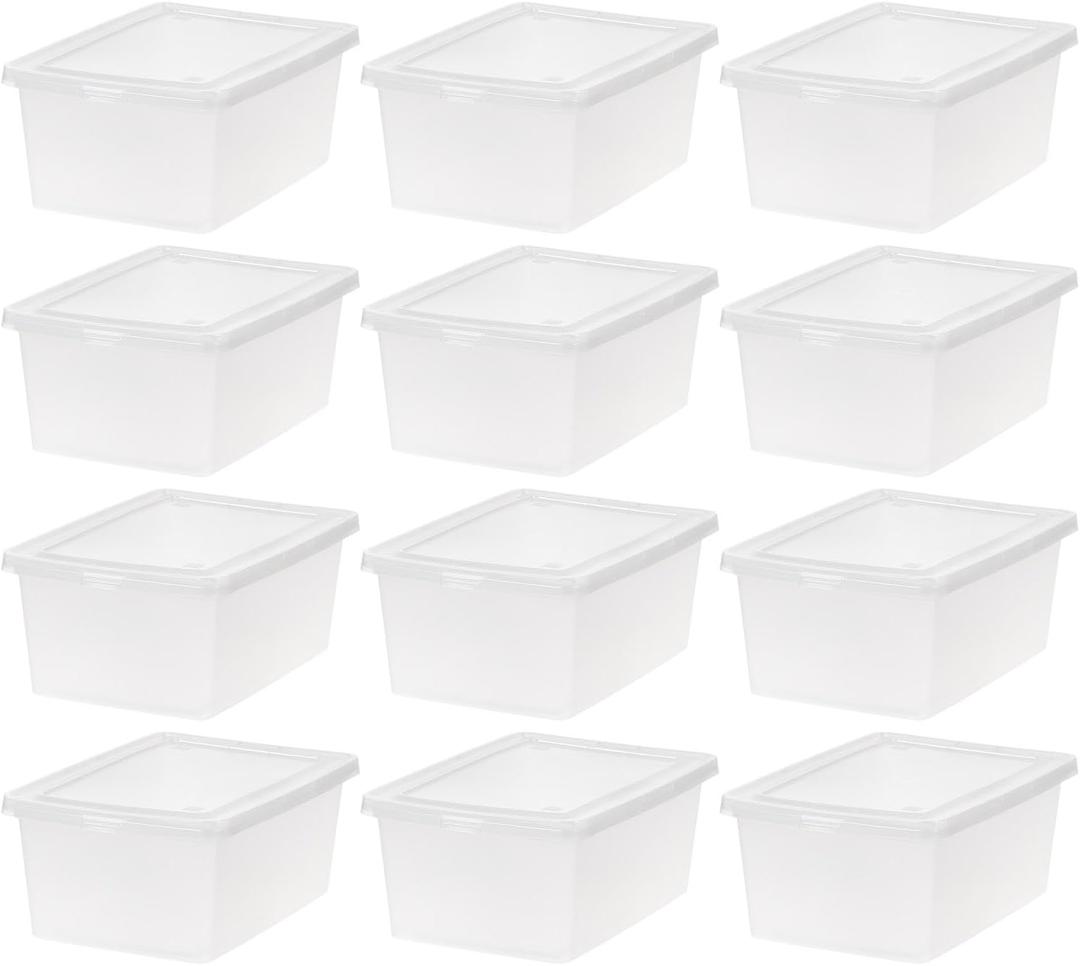 IRIS USA 12-Pack Storage Bins with Lids, 15 Quart, Shoe Boxes Clear Stackable Containers Organize Shoes Closet Shelves, Organization Teacher Tools, Game Storage - BPA-Free Plastic