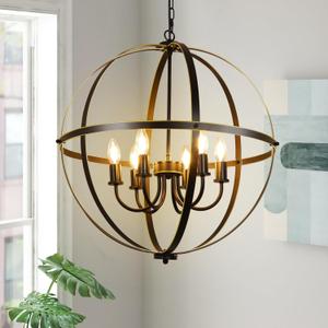 DLLT 6-Light Orb Chandelier, Black and Gold Globe Pendant Lights, Industrial Sphere Pendant Lighting Over Island, Adjustable Hanging Light with Metal Cage for Dining Room Foyer, E12 Bulbs Not Included