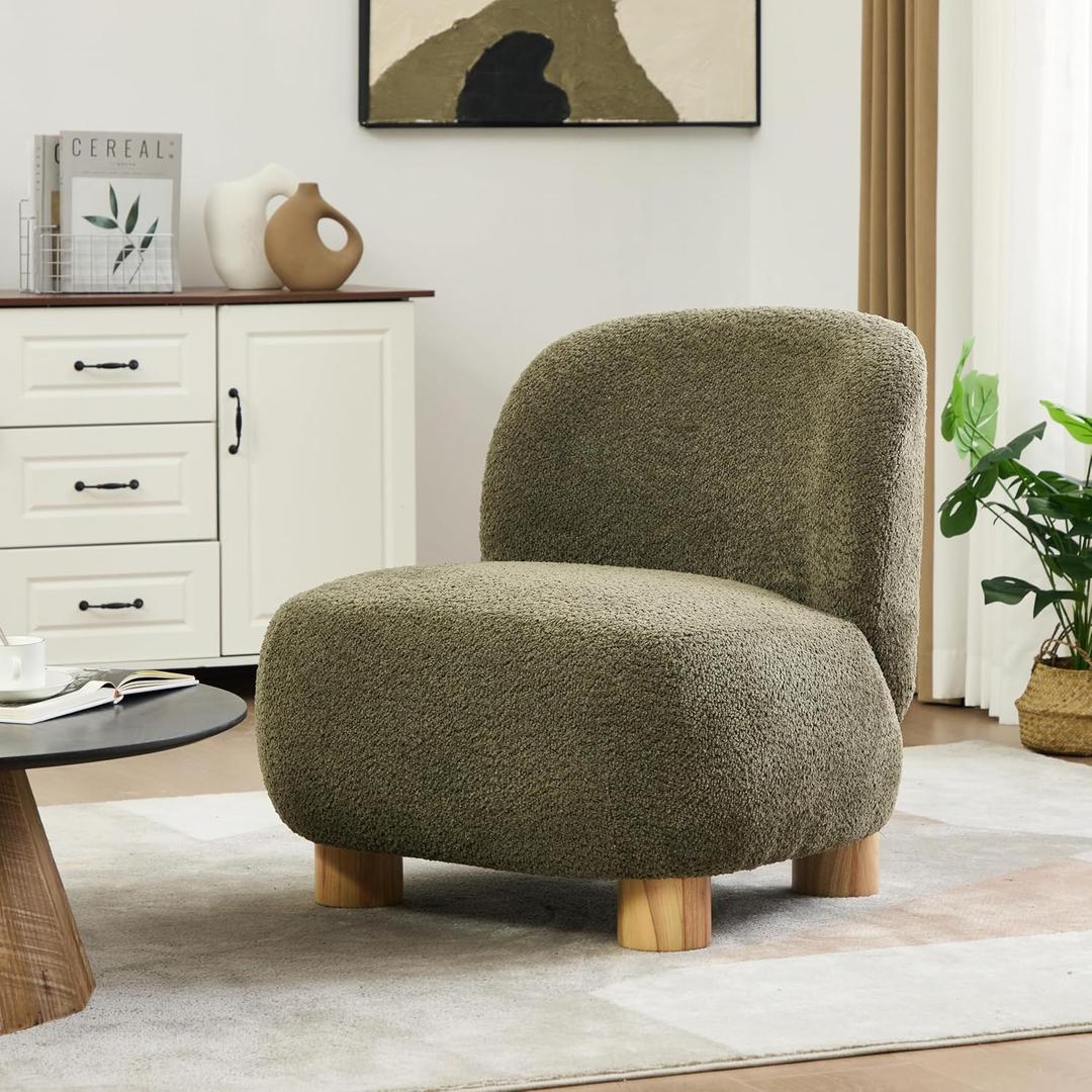 Christopher Knight Home Modern Low Profile Accent Chair for Living Room, Boucle Upholstered Armless Chair with Rubberwood Legs, Comfy Lounge Armchair, Plush Cloud-Like Seating for Bedroom, Olive Green, Single