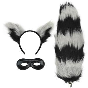 Halloween Costume Raccoon Set, Black and White Furry Ears Headband, Tail with Eye Mask, 3-Piece Dress Up Accessories