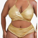 MakeMeChic Women's Plus Size 2 Piece Shiny Metallic Bikini Set Halter Triangle Swimsuit Bathing Suit, Size: XL plus