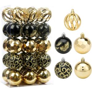 Christmas Tree Ornaments, 30ct Christmas Ball Decoration Set 2.36" Black and Gold Christmas Ball Shatterproof Hanging Tree Ornament Set for Christmas Tree Holiday Halloween Xmas Party Decor
