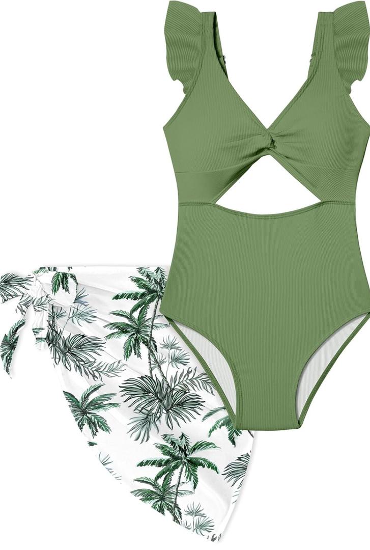 Girls One Piece Swimsuit Cut Out Ruffle Bathing Suit Twist V Neck Swimwear Solid Color with Cover Up Skirt, 15-16Y