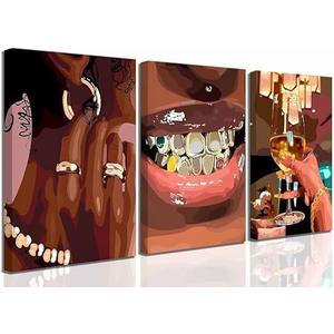 3 Pcs African American Woman Canvas Wall Art Fashion Bracelets Earrings Necklaces Gold Teeth Pictures Wall Decor Wine Trend Bar Cart Poster Print Artwork for Woman Bedroom Girl Room Home Decor