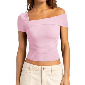 SUUKSESS Women One Off The Shoulder Summer Tank Tops Ruched Short Sleeve Shirts (Large, #1 Pink)