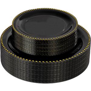 Rubtlamp 60Pcs Black Plastic Plates, Black Disposable Plates With Gold Beaded, Clear Heavy-duty Party Plates, Fancy Plastic Plates Include 30 Dessert Platos, 30 Dinner Platos for Party, Halloween