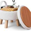 Wimarsbon Storage Ottoman, Modern Round Footrest with Soft Padded Seat, Teddy Velvet Footstool with Wood Legs, Accent Small Table or Plant Stand for Hallway, Living Room (Cream)
