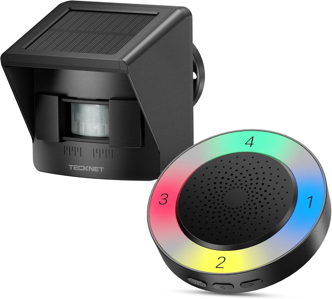 TECKNET Solar Wireless Driveway Alarm with 2600FT Long Range & 36 Melodies & 5 Volumes and Supports 4 Zones Weatherproof Motion Sensor Alarm to Protect Inside/Outside Property (1 Receiver 1 Sensor)