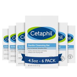 Cetaphil Gentle Cleansing Face and Body Bar, 4.5 oz Bar (Pack of 6), Nourishing Cleanser Bar For Dry, Sensitive Skin, Non-Comedogenic