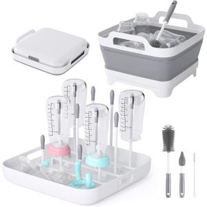 Volnamal Collapsible Wash Basin for Baby Bottles - Portable 2.4 Gallon Dish Tub with Drying Rack & Lid, Foldable Sink for Camping, Outdoor Space-Saving Tub for Kitchen, RV, Camping, Outdoor Use, Gray 