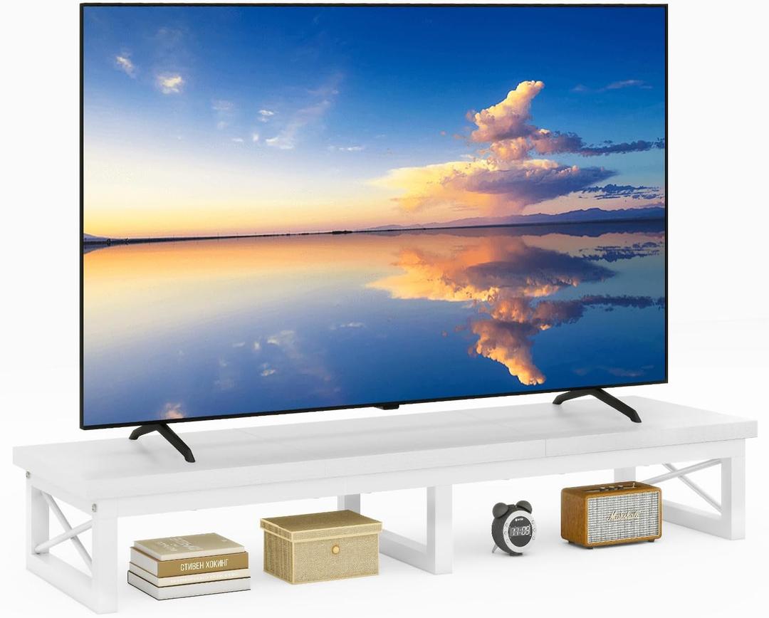 IBUYKE 45" Large TV Riser for 32-60 inch TV, Tabletop Short TV Stand with Storage and Steel Legs, TV Riser Stand for Home, Bedroom, Living Room, White TVT002W