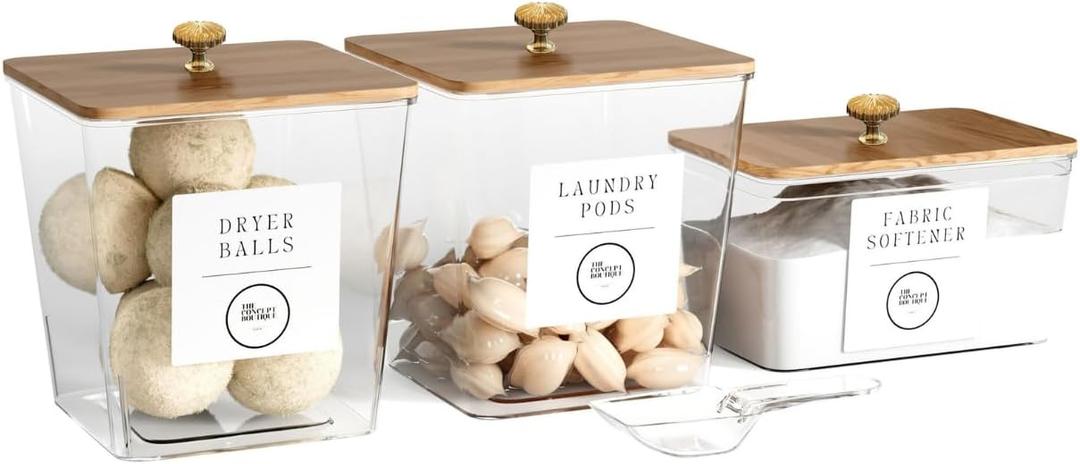 3 Pack Acrylic Laundry Room Organization Containers with Gold & Wood Knobs  Laundry Pods Container & Detergent Organizer Set | Clear Laundry Jars | Scoops & Customizable Labels | Storage Canisters
