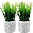 MyGift Artificial Grass Plant in Modern Gray Concrete Pot with Geometric Embossed Pattern, Tabletop Faux Greenery in Decorative Round Cement Planter, Set of 2