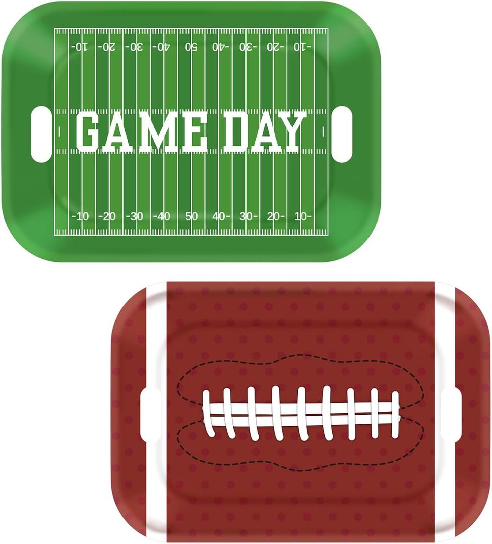 FYSUIMU 2Pcs Football Serving Tray Melamine Board with Handles Green Brown Football Themed Serving Platter for Sport Game Day Party Food Supplies, 16.4 x 11 x 1.2 inch