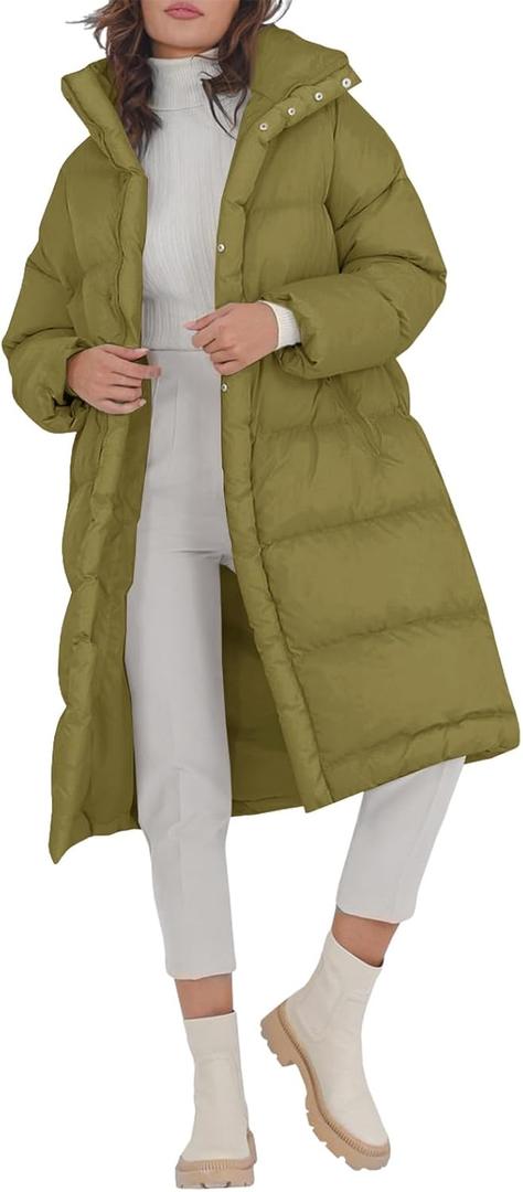 Fazortev Women's Long Puffer Jacket Stand Collar Zip Baggy Down Coats with Side Pockets Outwear (Army Green, S )