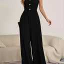 Womens Spaghetti Strap Sleeveless Jumpsuit - Button Down Front Elastic Waist Wide Leg Romper for Casual Daily Wear (Black, XXL)