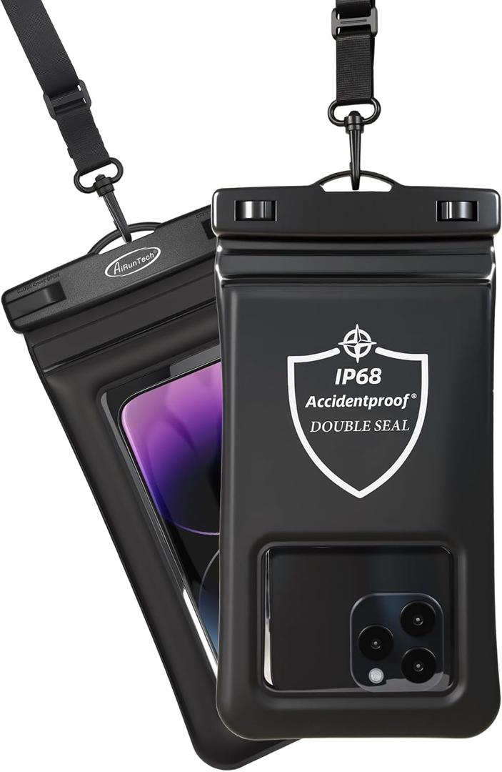 AiRunTech Floating Waterproof Phone Pouch,Double Seal Phone Case with Lanyard Protector for iPhone 17 16 15 14 13 12 Pro Max,Kayak Cellphone Bag Beach Cruise Ship Essentials Vacation Accessories (REGULAR SETS, Black + Black)