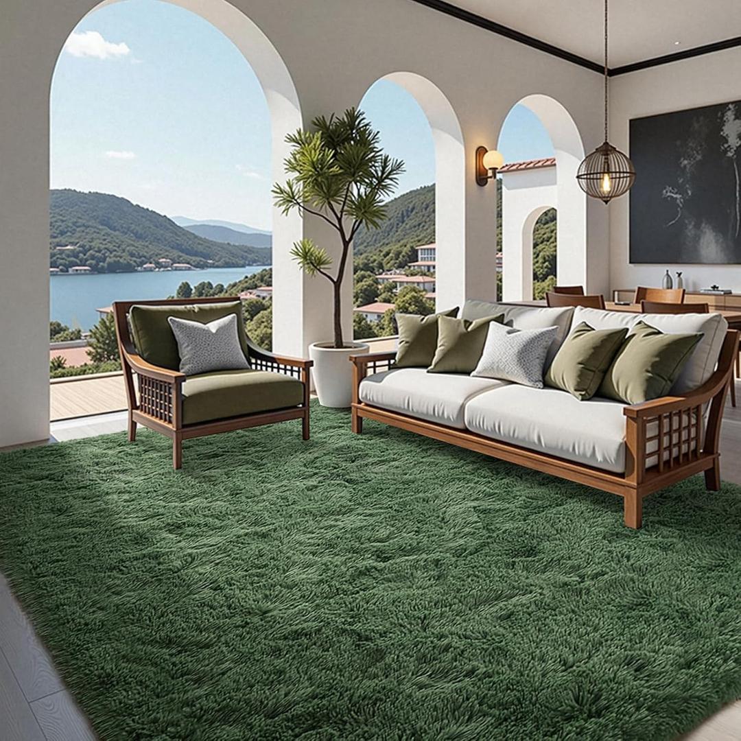 FinRec 5x8 Feet Green Rug for Living Room Bedroom, Fluffy Fuzzy Shag Rugs, Non-Slip Furry Shaggy Area Rug for Nursery Kids Room Dorm Room Home Decor, Indoor Floor Carpet