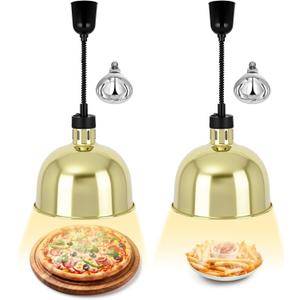 Nuanchu 2 Pack Hanging Food Heat Lamp Retractable with 250w Heating Bulb Commercial Infrared Food Service Warmer Fry Heating Light for Buffet Restaurant Kitchen Use (Gold,Dia 29cm)