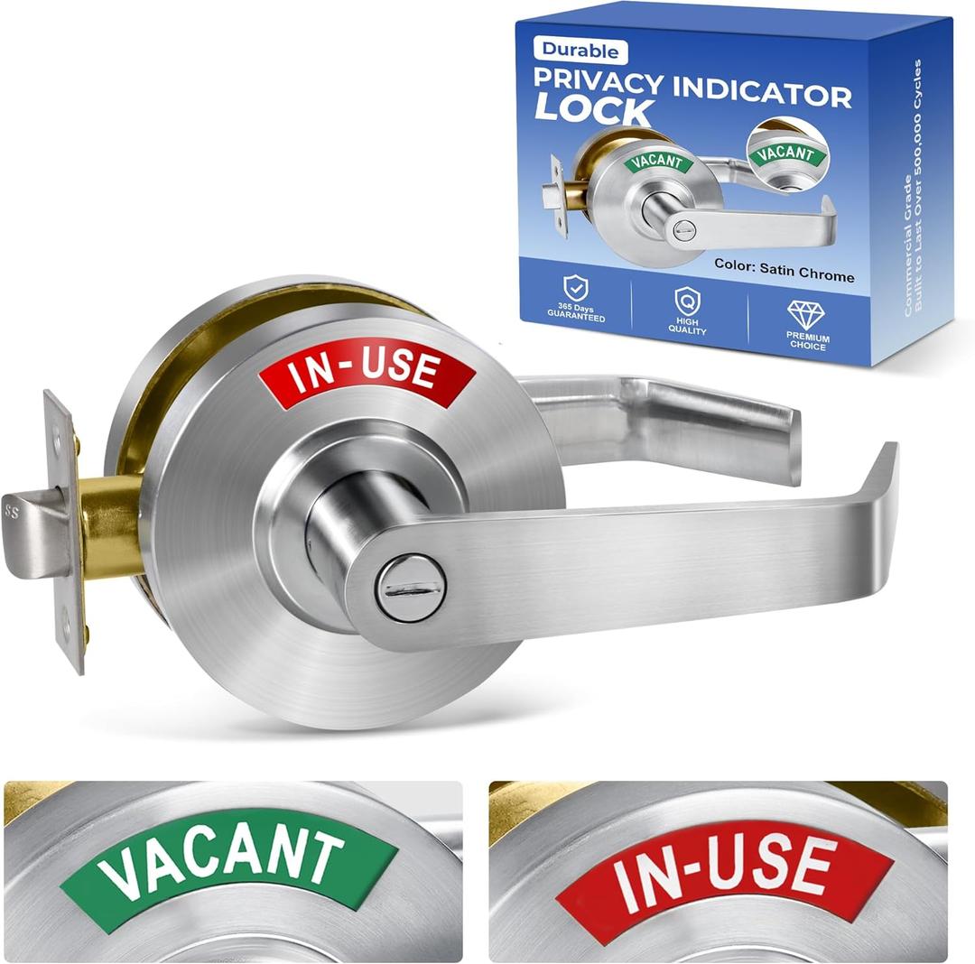 Commercial Privacy Indicator Door Lock, Heavy Duty Satin Chrome Bathroom Handle with 90mm Large Rose (Covers Old Holes) - ANSI Grade 2 Restroom Lever for Office, Medical & Gym (Satin Chrome)