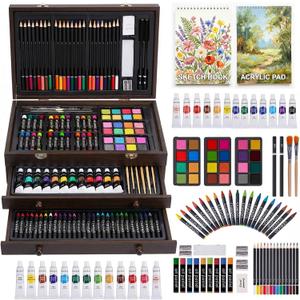175-Pack Deluxe Wooden Art Set Drawing Painting Kit with 2 Drawing Pads, Acrylic Paints, Colored Pencils, Crayons, Paint Brush, Art Kit in Wooden Case, Gift for Artist, Adults, Teens and Kids (Brown)