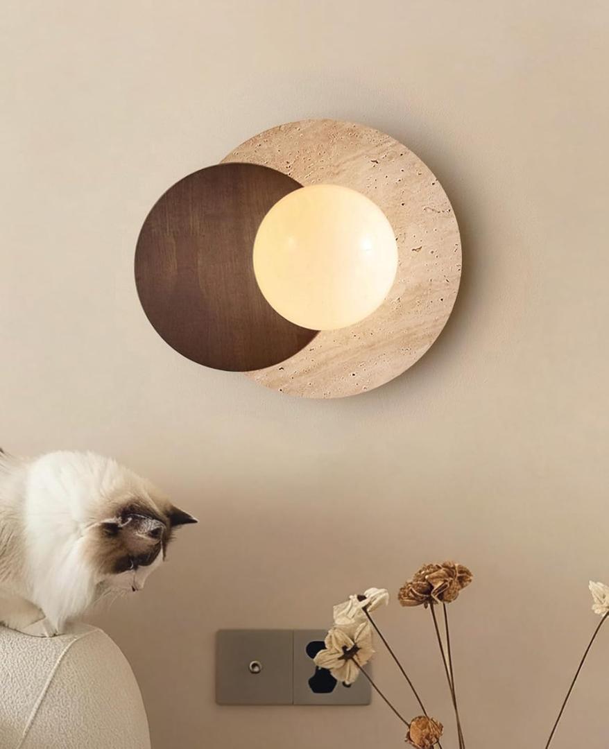 Yellow Travertine Wall Sconce, Modern Wabi Sabi Wall Light Fixture with Stone & Wooden Base, Natural Vintage Marble Wall Lamp for Bedroom Bedside Living Room Kitchen Island Art Deco Light