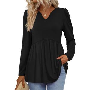 WIHOLL Womens Tops Long Sleeve Fall Shirts Babydoll Peplum Tops for Women V Neck Tunic Dressy Casual Blouses (X-Large, Black)
