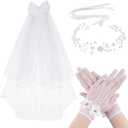 3 Pcs First Communion Veil Set Gloves Headpiece for Girls 1st Holy Communion Accessories for Wedding Party Costume