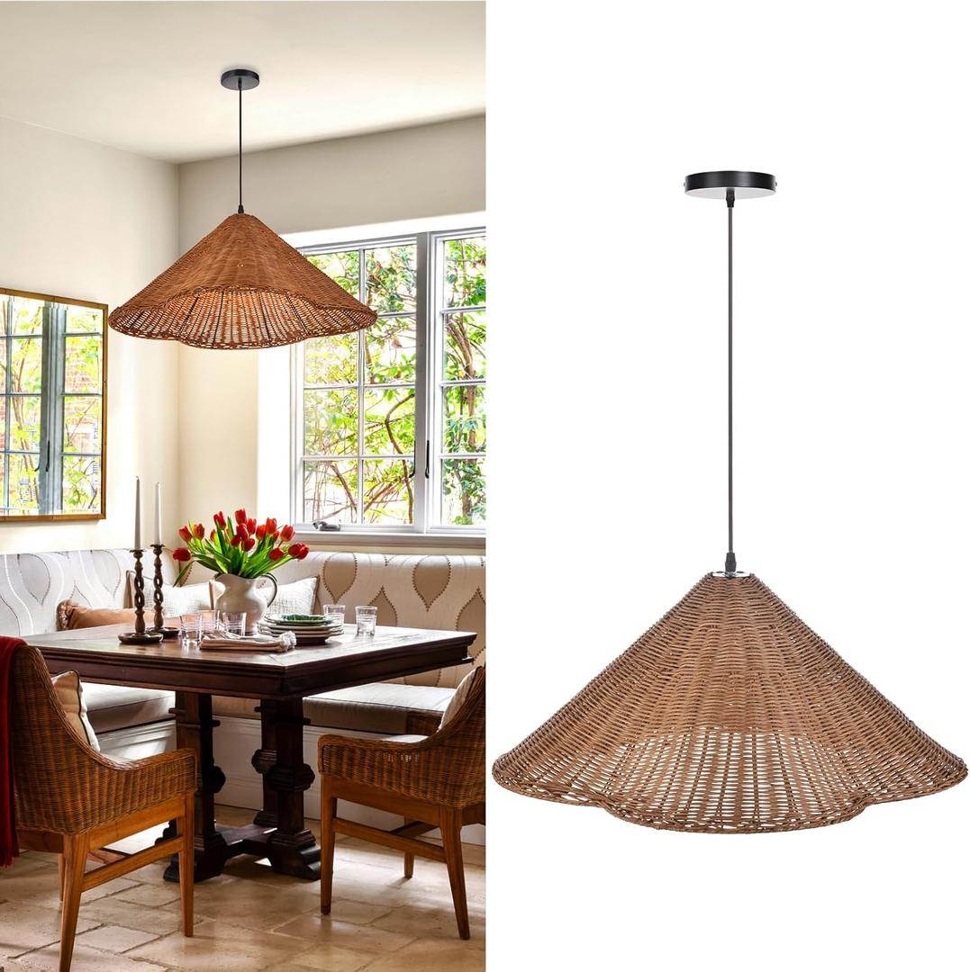 Arturesthome 1 Light Boho Rattan Pendant Light Fixture 23.6" Coastal Retro Woven Ceiling Chandelier Hanging Lamp for Farmhouse Living Dining Room Coffee
