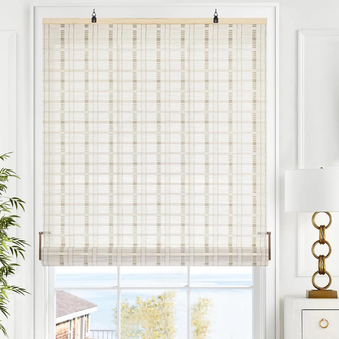 LazBlinds Cordless Bamboo Blinds, Roll Up Shades for Windows, Light Filtering Hanging Window Blinds, Bamboo Shades for Patio Indoor/Outdoor Porch, 23'' W x 48'' H, Whitewash B