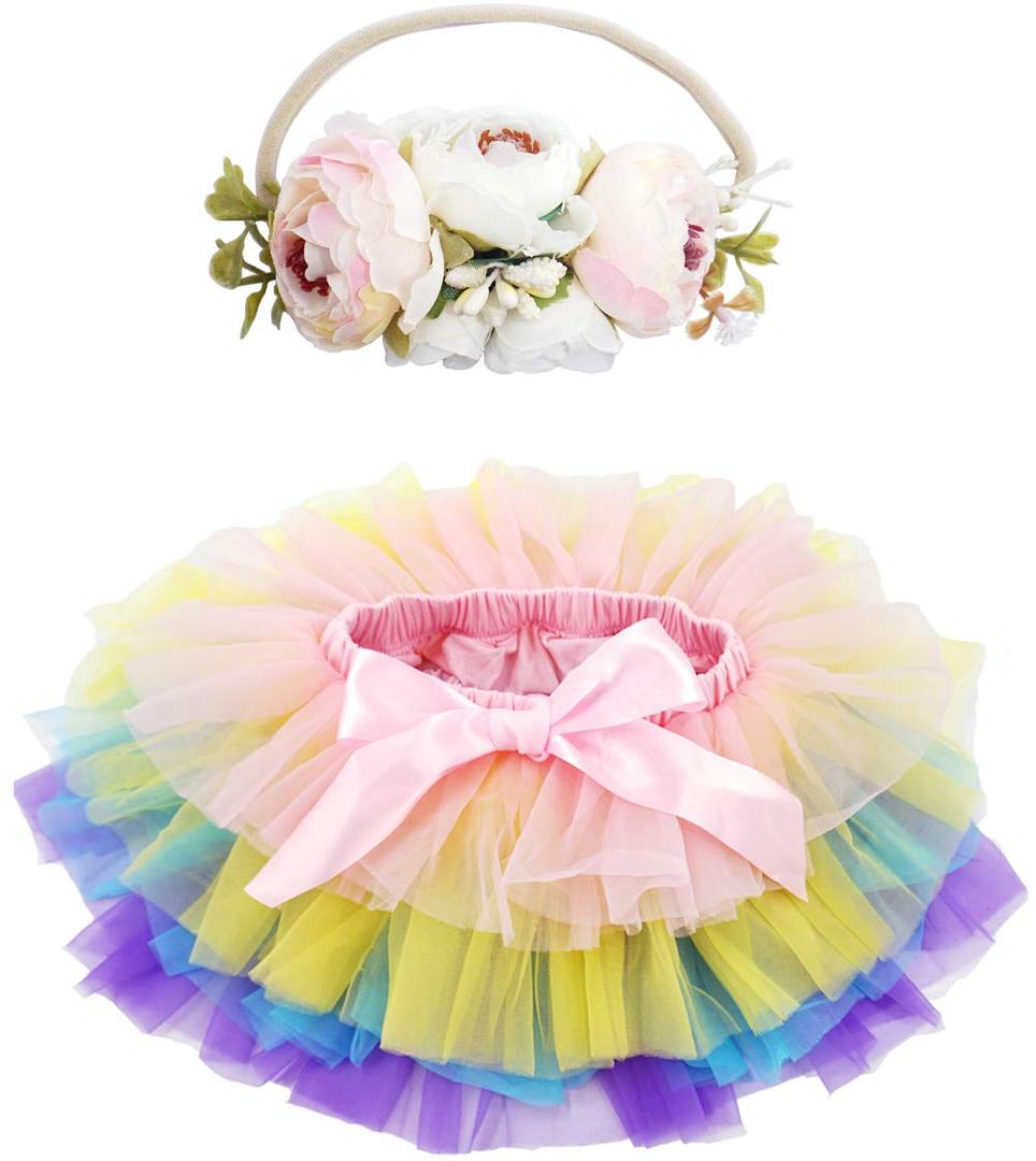 BGFKS Baby Girls Soft Fluffy Tutu Skirt with Diaper Cover,Toddler Girl Tutu Skirt Sets with Flower Headband