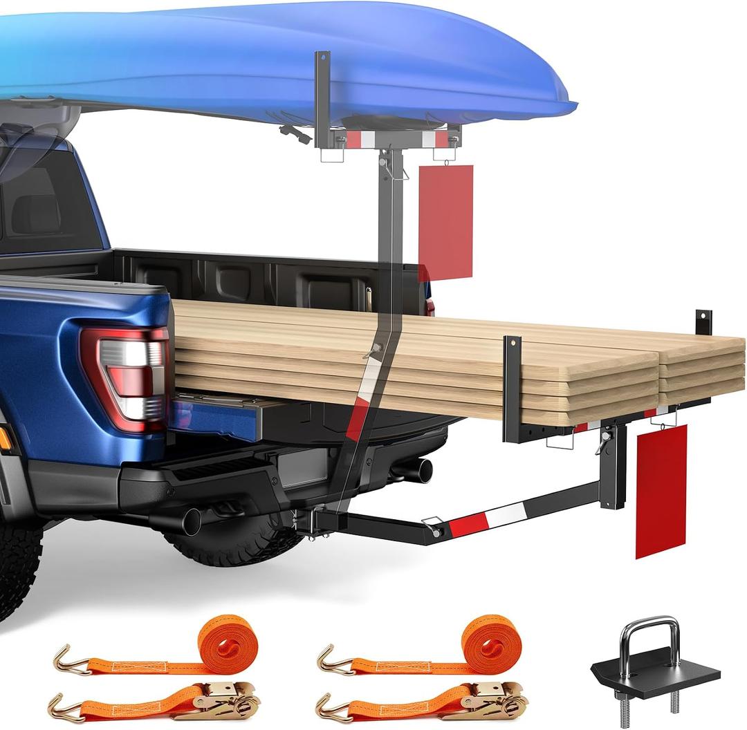 JY PERFORMANCE Truck Bed Extender Hitch Mount, Foldable Pickup Truck Bed Extender for Kayak Canoe Ladder Lumber Rack Long Pipes, w/Flag, Reflective Tape, 375lbs Capacity