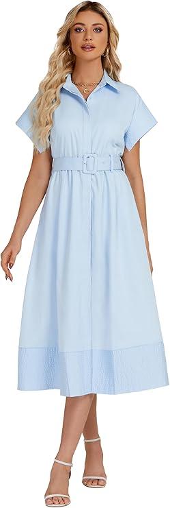 Ladyful Women Casual Button Down Shirt Dress Short Wing Sleeve Buiness Midi Shirt Dress with Belt Elegant Dress (X-Large, Light Blue)